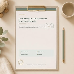 Puede incluir: Un portapapeles con un documento titulado LE DOSSIER DE COPARENTALITÉ ET GARDE PARTAGÉE. La página incluye un icono de casa, texto sobre un planificador de comunicación para padres separados y detalles como 100 páginas y formato A4.