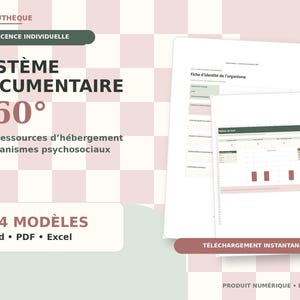 Könnte beinhalten: Ein digitales Dokumentensystem-Vorlagenset mit dem Titel LADOCUTHÈQUE SYSTÈME DOCUMENTAIRE 360° für Unterkunfts- und psychosoziale Einrichtungen. Enthält 104 Vorlagen in Word-, PDF- und Excel-Formaten mit Organisationsdatenblättern und Tabellen.