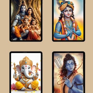 May include: Four digital tablets displaying vibrant illustrations of Hindu deities. The top left shows Shiva, Parvati, Ganesha, and Kartikeya. The top right depicts Krishna with a flute. The bottom left features Ganesha. The bottom right shows Rama.