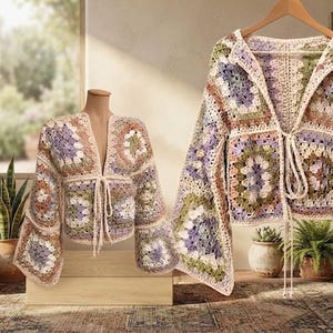 May include: A crochet cardigan made of multi-colored granny squares in shades of lavender, sage green, and cream. The garment features long, wide sleeves, a V-neckline, and a front tie closure. A label in the upper left corner reads pdf pattern.