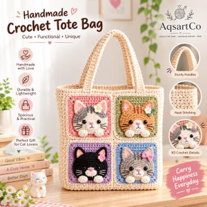 Crochet Cat Tote Bag Pattern, Granny Square Applique, Digital Download