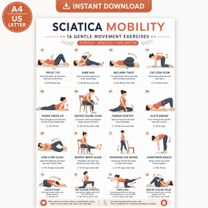 Könnte beinhalten: Ein weißes Informationsplakat mit dem Titel Sciatica Mobility, das 16 nummerierte Übungsillustrationen zeigt. Jeder Abschnitt enthält eine Figur in orangefarbener und blauer Kleidung, die Bewegungen wie Beckenkippen und Dehnübungen ausführt.