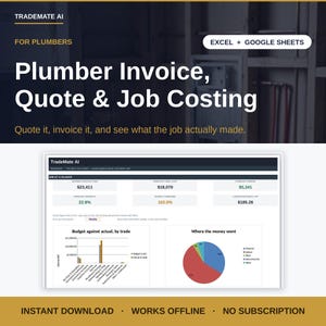 May include: A digital software interface for plumbers titled Trademate AI, featuring tools for invoices, quotes, and job costing. The display shows financial data, budget charts, and pie graphs compatible with Excel and Google Sheets for tracking.