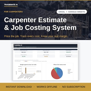 May include: A digital software interface titled TradeMate AI for Carpenters, featuring an estimate and job costing system for Excel and Google Sheets. The dashboard displays financial data, including budget against actual costs and a pie chart.