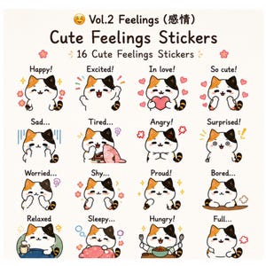 Può includere: Un foglio di adesivi intitolato Vol.2 Feelings Cute Feelings Stickers con 16 illustrazioni di un gatto calico che esprime varie emozioni, tra cui felice, eccitato, innamorato, carino, triste, stanco, arrabbiato, sorpreso, preoccupato, timido, orgoglioso, annoiato, rilassato, assonnato, affamato e sazio.