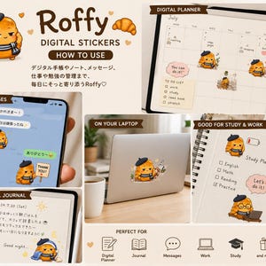 May include: A set of Roffy digital stickers featuring a cartoon croissant character wearing a black beret and striped scarf. The stickers are shown applied to a digital planner, a smartphone screen, a laptop lid, and a paper notebook.