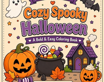 Libro para colorear de Halloween acogedor y espeluznante para imprimir / Descarga en PDF / Páginas para colorear con letras grandes, llamativas y fáciles de seguir
