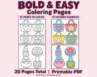 Paquete de páginas para colorear para principiantes, 10 diseños sencillos con ejemplos (descarga digital)