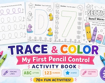 70 pagine di esercizi di ricalco, linee, forme, lettere e numeri. Prima introduzione per i bambini in età prescolare.