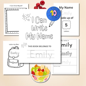 Puede incluir: Una colección de hojas de actividades blancas para niños con dibujos de líneas negras y texto que incluye I Can Draw Myself, I Can Write My Name, This Book Belongs To Emily y una mochila, con una insignia azul que muestra el número 10.