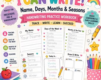Cuaderno de práctica de escritura imprimible: Nombre, días, meses, estaciones (PDF)