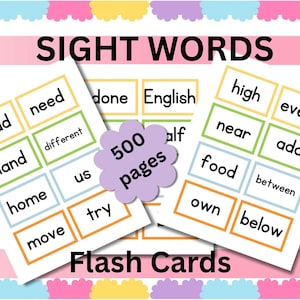 May include: A set of educational sight words flash cards featuring black text on white rectangular cards with coloured borders. A purple scalloped badge in the centre displays the text 500 pages. The words include read, need, land, different, home, us, move, try, done, English, half, high, every, near, add, food, between, own, and below.