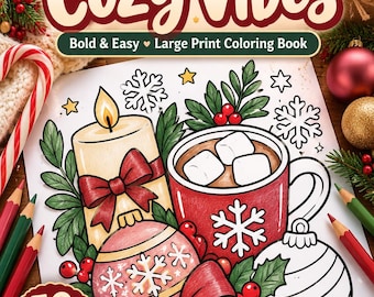 Libro para colorear de Navidad con letra grande para personas mayores, páginas navideñas sencillas y llamativas, PDF imprimible.