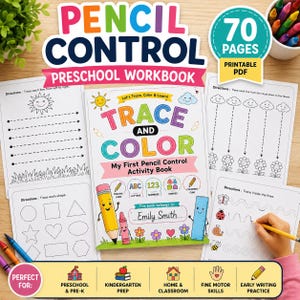 May include: A 70-page printable PDF preschool workbook titled Pencil Control and Trace and Colour. The cover features colourful illustrations of a pencil, crayon, and ruler, with space for a name. Includes activity pages with tracing lines, shapes, and patterns.