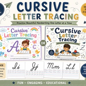 Pode incluir: Dois cadernos de exercícios imprimíveis para caligrafia cursiva com capas ilustradas mostrando crianças escrevendo, lápis e arco-íris. Abaixo, quatro folhas de exemplo exibem as letras Ii, Jj, Mm e Ll em papel pautado para prática.