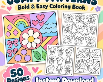 Libro para colorear imprimible con diseños cómodos, 50 diseños llamativos y fáciles, en formato PDF, descarga instantánea.