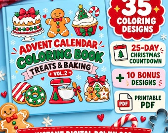 Libro para colorear del Calendario de Adviento de Repostería Navideña, Cuenta Regresiva de 25 Días + 10 Diseños Extra (PDF)