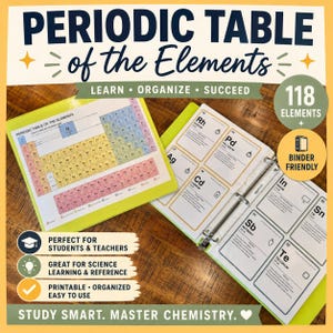 Puede incluir: Una carpeta verde lima que contiene una tabla periódica de los elementos impresa y tarjetas de elementos individuales. Las páginas muestran símbolos químicos, nombres y números atómicos. El texto incluye Periodic Table of the Elements, 118 Elements, Binder Friendly, Learn, Organize, Succeed, Perfect for Students & Teachers, Great for Science Learning & Reference, Printable, Organized, Easy to Use y Study Smart. Master Chemistry.