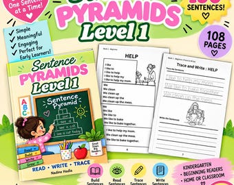 Cuaderno de ejercicios de Pirámides de Oraciones Nivel 1 / Palabras de uso frecuente para jardín de infancia, práctica de trazo (descarga digital)