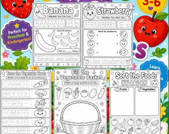 Hojas de trabajo del currículo preescolar para aprender, colorear y trazar frutas y verduras.