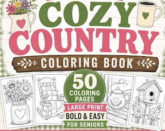 Dibujos para colorear de estilo rústico con letra grande para personas mayores, diseños campestres sencillos y llamativos, en formato PDF imprimible.