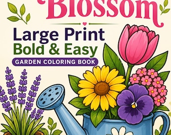 Dibujos para colorear de flores con letra grande para personas mayores, diseños de jardín sencillos y llamativos, en formato PDF imprimible.