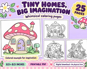 Dibujos para colorear de casitas encantadoras, 25 diseños de cabañas para imprimir, PDF para colorear acogedor