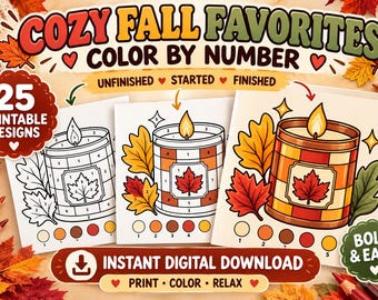 Dibujos para colorear de otoño por números para imprimir, páginas acogedoras para colorear de otoño, PDF para colorear para adultos, llamativo y fácil
