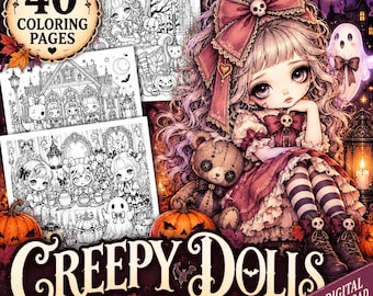Libro para colorear de Halloween con muñecas terroríficas, páginas góticas imprimibles para adultos y adolescentes, PDF digital.
