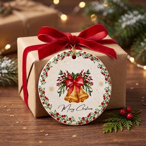 Christmas Wreath Ceramic Ornament with Bells, Round Holiday Tree Decor, Traditional Xmas Keepsake Gift, Winter Botanical Tree Hanging 2.8"