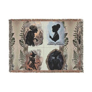 May include: A rectangular woven throw blanket featuring four distinct panels with dark silhouettes of figures. The design includes botanical fern borders, a witch-like figure, a person with a wand over an open book, a fiery figure, and a framed portrait.