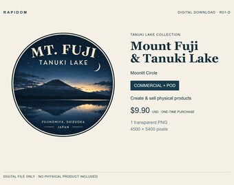 PNG de noche del Monte Fuji, Gráfico circular de la Luna en el Lago Tanuki, Comercial + Impresión bajo demanda