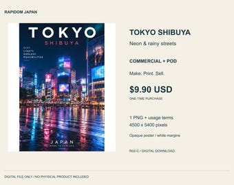 Tokyo Shibuya Neon & rainy streets PNG, Japan Cityscape Digital Download, Commercial + POD
