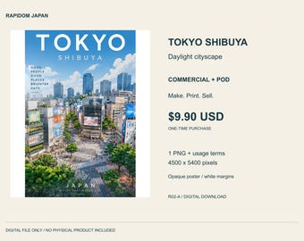 Tokyo Shibuya Daylight cityscape PNG, Japan Cityscape Digital Download, Commercial + POD