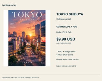 Tokyo Shibuya Golden sunset PNG, Japan Cityscape Digital Download, Commercial + POD