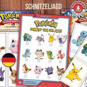 Op de afbeelding: Een digitale speurtocht-checklist met het Pokemon-logo en de tekst Schnapp sie dir alle. De rechthoekige rood-witte rand bevat twaalf kleurrijke illustraties van verschillende Pokemon-personages, elk met een klein wit selectievakje eronder.
