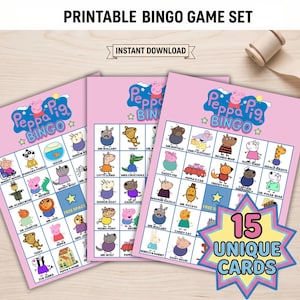 May include: A printable Peppa Pig bingo game set featuring three pink game cards with various character illustrations and names. The cards include a Peppa Pig Bingo logo at the top and a star-shaped graphic in the bottom right corner with the text 15 UNIQUE CARDS. The set is labelled as an instant download.