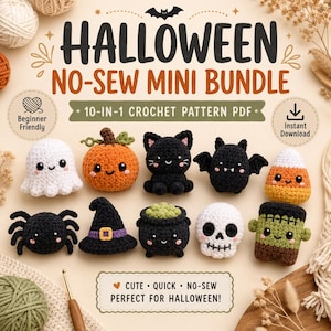 Op de afbeelding: Een 10-in-1 Halloween haakpatroon PDF-bundel zonder naaiwerk met tien kleine amigurumi-figuren: een wit spookje, oranje pompoen, zwarte kat, vleermuis, snoepje, zwarte spin, heksenhoed, groene ketel, schedel en een monsterfiguur.