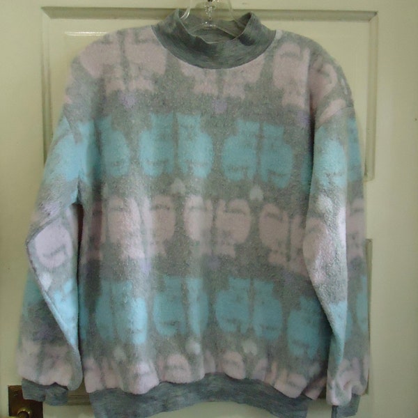 Vintage 90s KITTY Cat All Over Pastel Print Fleece Mock Turtleneck Pullover Shirt sz M Boxy Fit