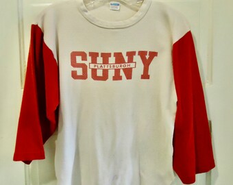 Vintage 70s SUNY PLATTSBURGH graphic Print Raglan T Shirt Champion Blue Bar Tag sz M