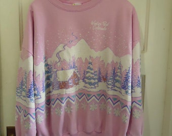 Vintage 80s All Over Print Winter Park COLORADO Crewneck Pastel Graphic Tourist Sweatshirt sz L/XL Boxy Fit