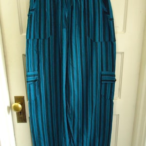 Vintage 90s Andes Ecuador Cotton Bright Blue Striped Cargo Style Pull On Hippie Pants sz XS-L