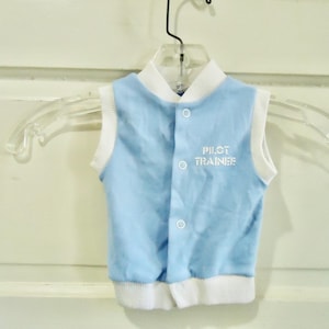 Vintage 80s Infant Size PILOT TRAINER Snap Front Graphic Print Jersey Vest Tiny Barely Worn sz 0-6 Months