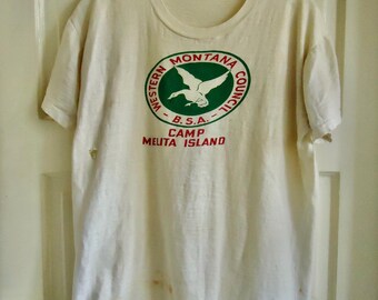 Vintage 60s/70s Boy Scouts B.S.A. Western MONTANA Council Camp Melita Island Distressed Graphic Print T Shirt sz M