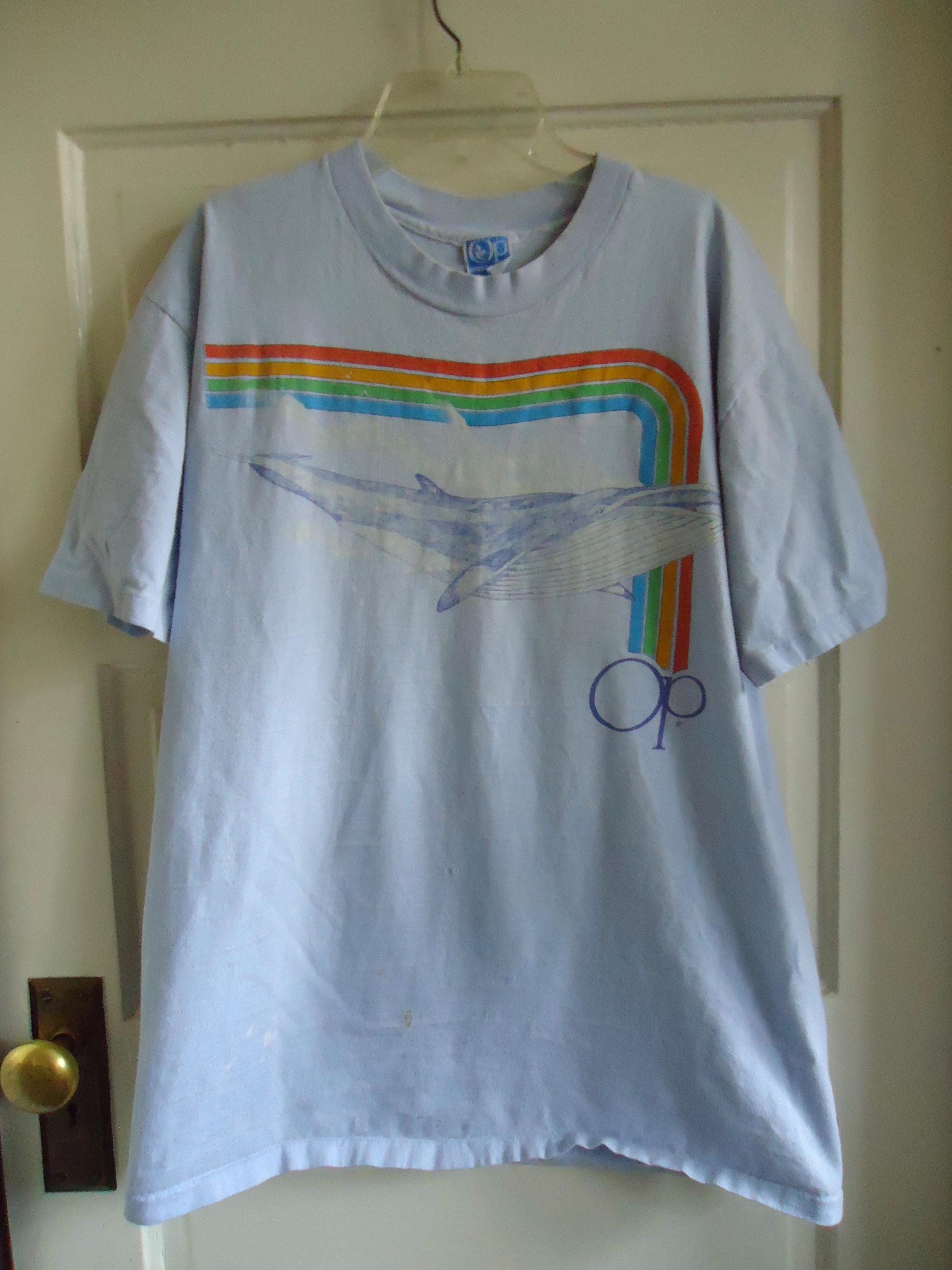 Vintage 80s OP Ocean Pacific Rainbow Whale Graphic Print Surfer
