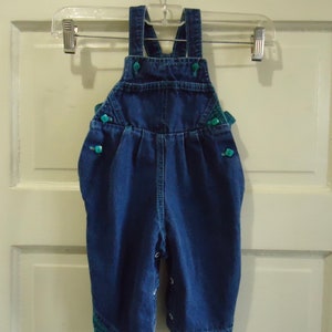 Vintage 80s Health-Tex Baby Blue Denim Overalls with Blue Green Checkered Side Panels sz 6 mos.
