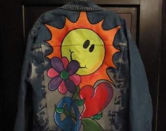 Vintage 90s Handpainted Jean Jacket Smiley Face Oversized WOW