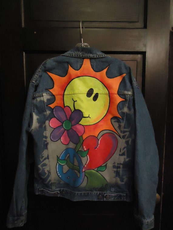 Vintage 90s Handpainted Jean Jacket Smiley Face Ov