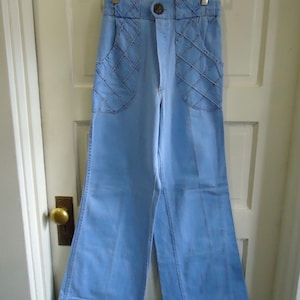 Vintage 60s/70s Light Wash Soft Denim BELLBOTTOMS with Indian Head Nickel Button Closure and Embroidered Pockets 26&quot; Waist 30&quot; Length