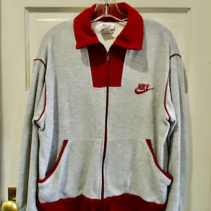 Vintage 70s/80s NIKE Orange Swoosh Sweatshirt Zip Front Track Jacket Gray With Maroon Trim And Logo Classic Nike Style Triblend  sz L/XL